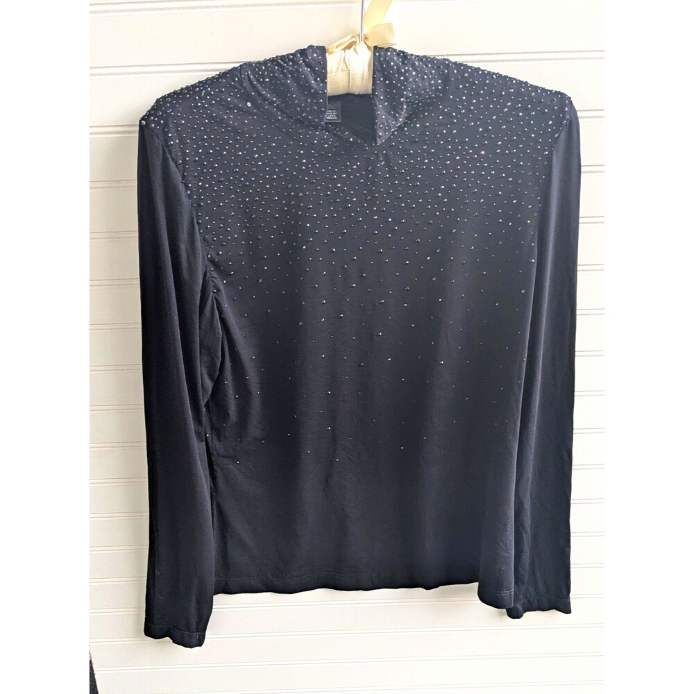 St. John Black Rhinestone Beaded Mock Neck Long Sleeve Knit Stretch Top XL